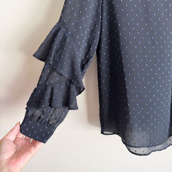Gibson Latimer Black + Blue Polka Dot Ruffle Sleeve V Neck Blouse Shirt - Larg - Picture 2 of 5
